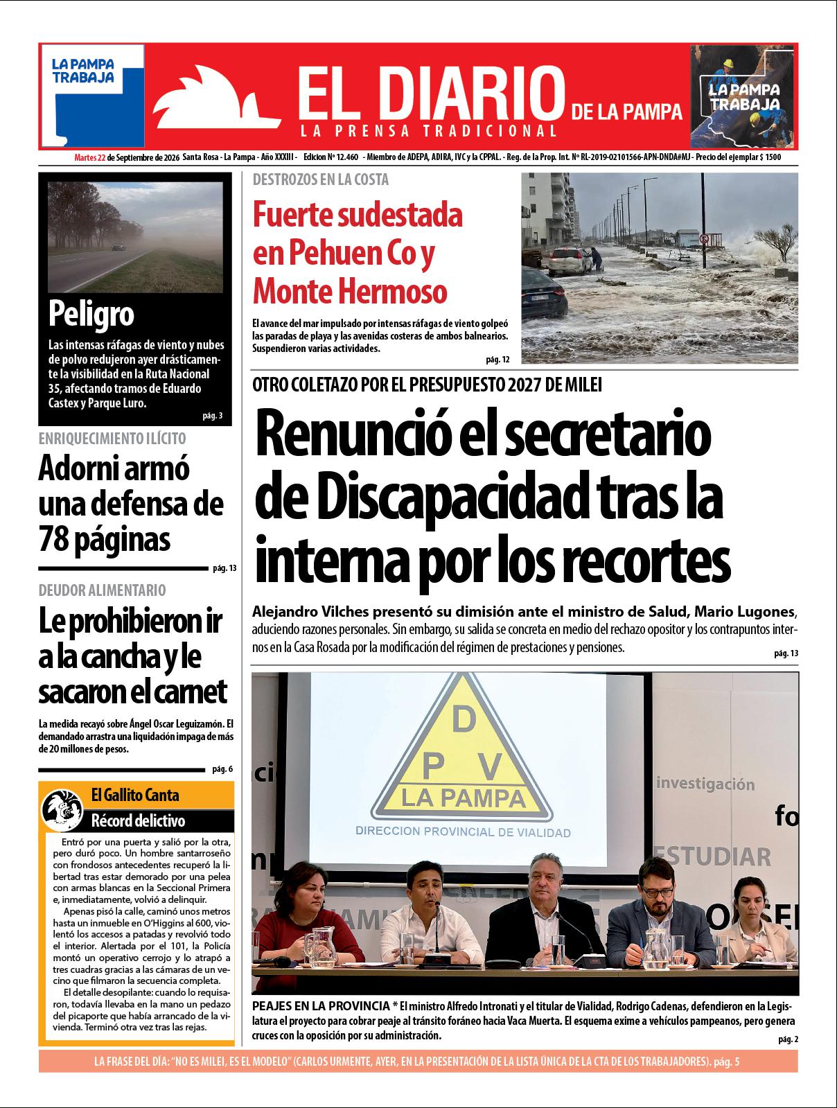 Tapa de El Diario en papel  martes 22 de septiembre de 2026